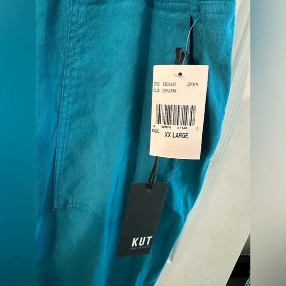 NWT KUT from the Kloth Sandra Smocked Waist Linen Blend Pant XXL Teal Cerulean - Picture 3 of 12